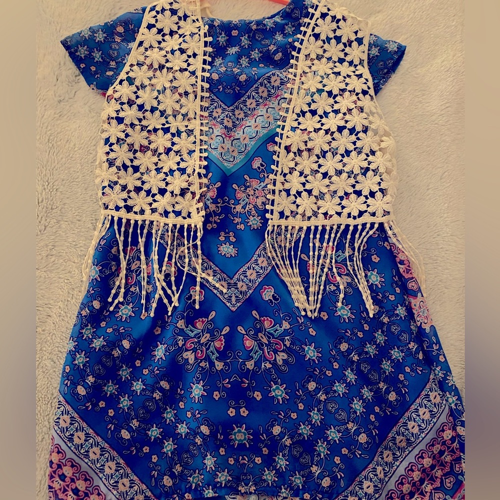 Rare Editions blue floral dress with delicate white floral vest.